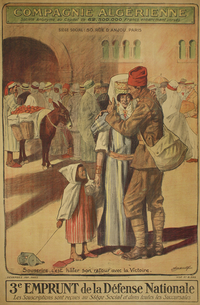 Vintage poster with a painting depicting a man in Algerian military uniform embracing a woman who is holding a child in a dress by the hand.