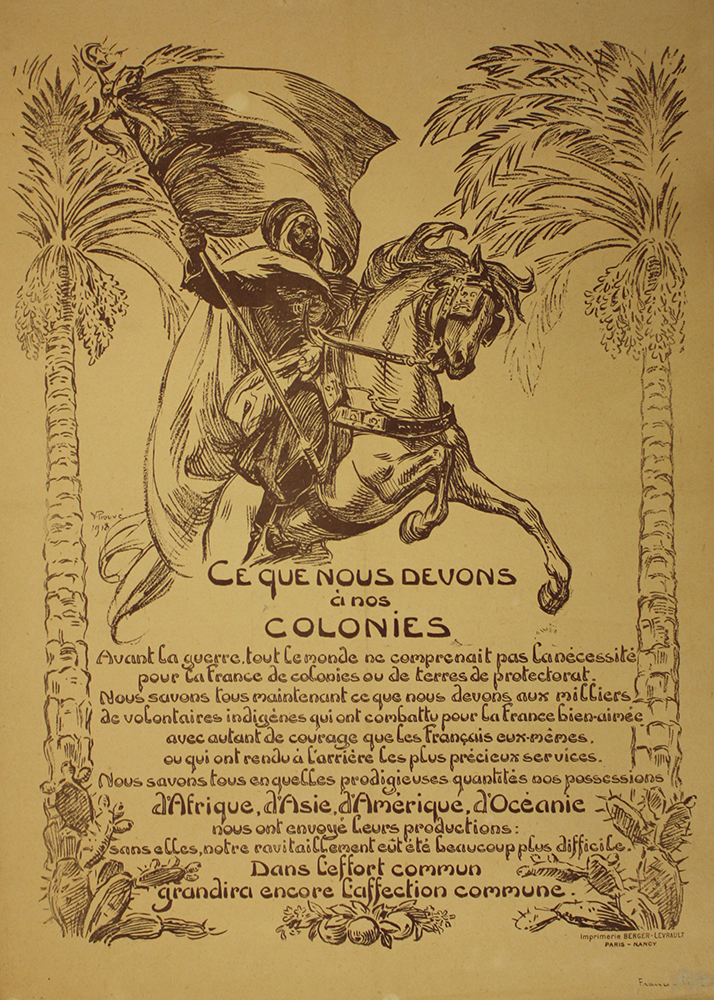 Scan of a vintage poster depicting a bearded man in Middle Eastern dress riding a horse leaping over the text of the poster.