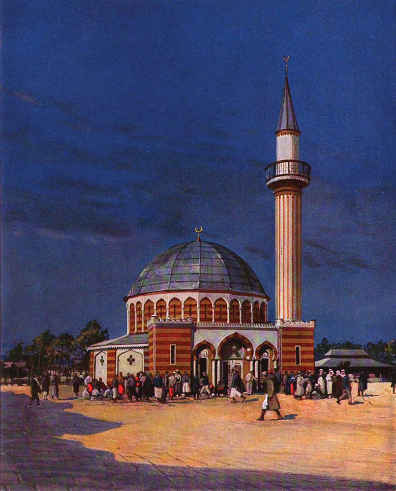 Color illustration of the exterior of the Halbmondlager mosque, featuring a dome roof and a tall minaret.