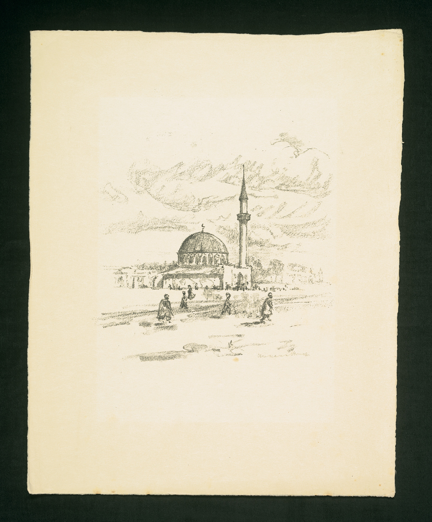 Scan of a pencil sketch of a mosque with sketched human figures walking around it