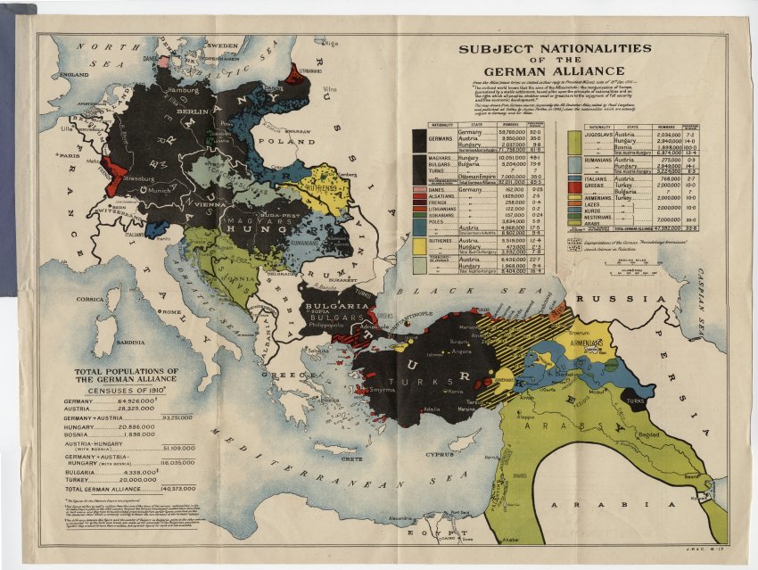 Scan of a map with countries and empires filled in with various colors