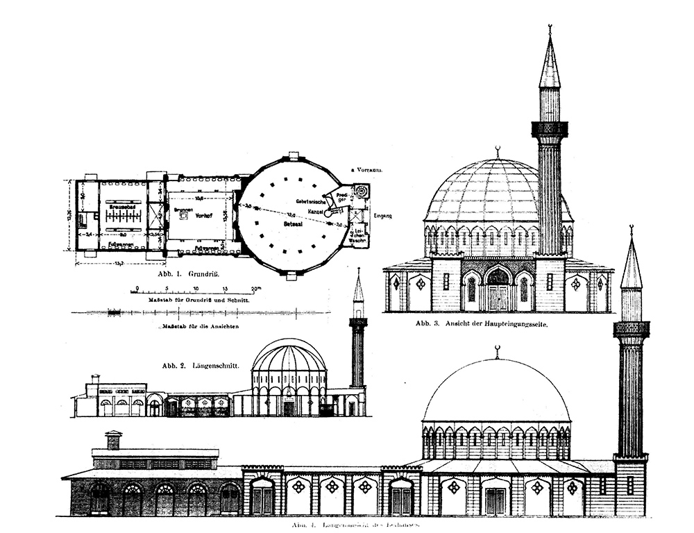Architectural drawings of a domed mosque with a minaret