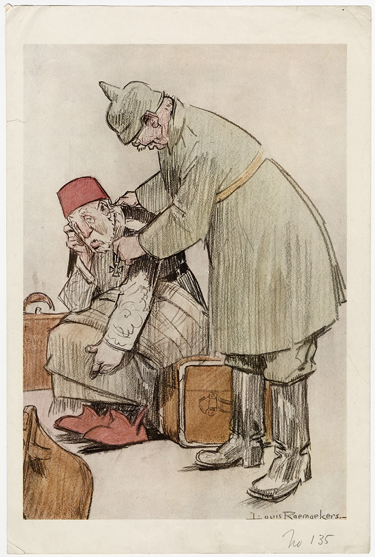 Color cartoon depicting a man wearing a fez hat seated on suitcases, while a second man wearing a German steel helmet pats his shoulders