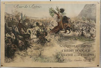 Poster with a colorful illustration of a man in Middle Eastern dress riding a horse into a line of enemies