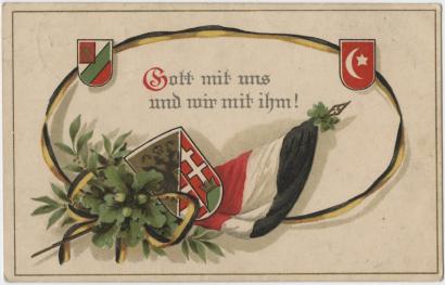 Scan of a postcard featuring the German flag and multiple nations' shield crests along with green leafy boughs