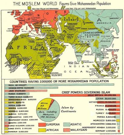 Scan of a map showing Muslim populations and colonial powers in Africa, Europe and Asia