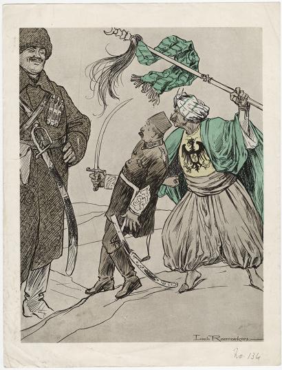 Political cartoon depicting a mustached man wearing a turban and şalvar (baggy Turkish trousers) pushing another mustached man with a scimitar and fez hat in front of a third mustached man wearing a fur cap and Russian military uniform
