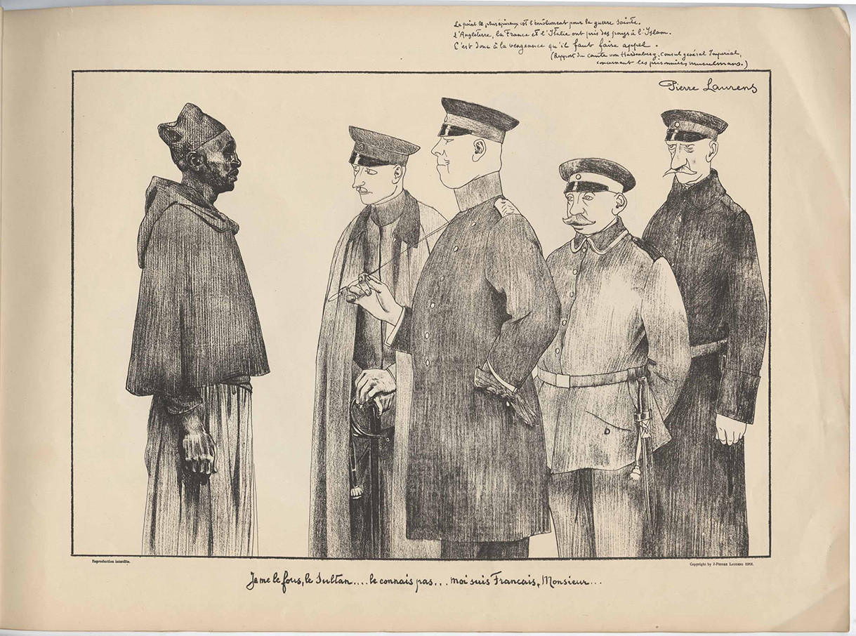 Cartoon of a group of white men in German military uniform speaking to a Black man in North African clothing