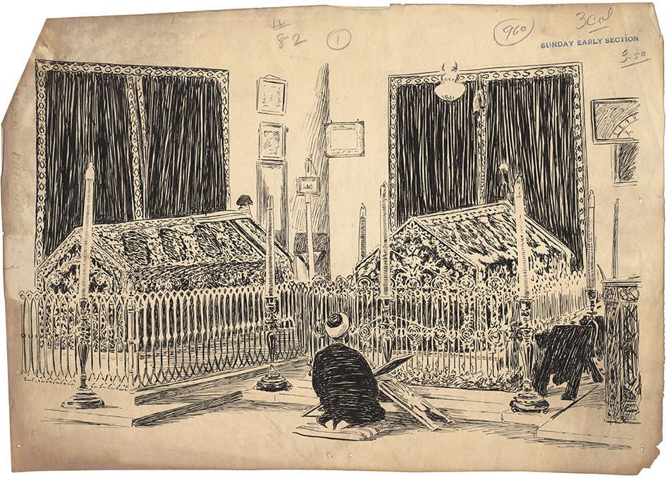 Pen and ink illustration of a mosque interior with a person in robes and turban kneeling in front of house-like structures inside the mosque